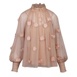 French Connection Aziza Peach Long Sleeve Flower Applique Sheer Top Size Small